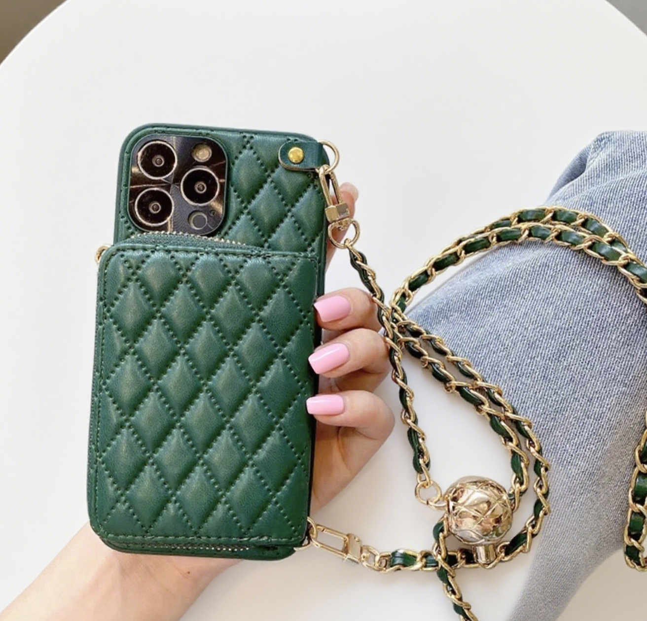 iPhone 17/16/15 Quilted Leather Phone Case Wallet, Multi-Slots Card Holder, Lipstick Holder