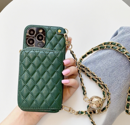 iPhone 17/16/15 Quilted Leather Phone Case Wallet, Multi-Slots Card Holder, Lipstick Holder