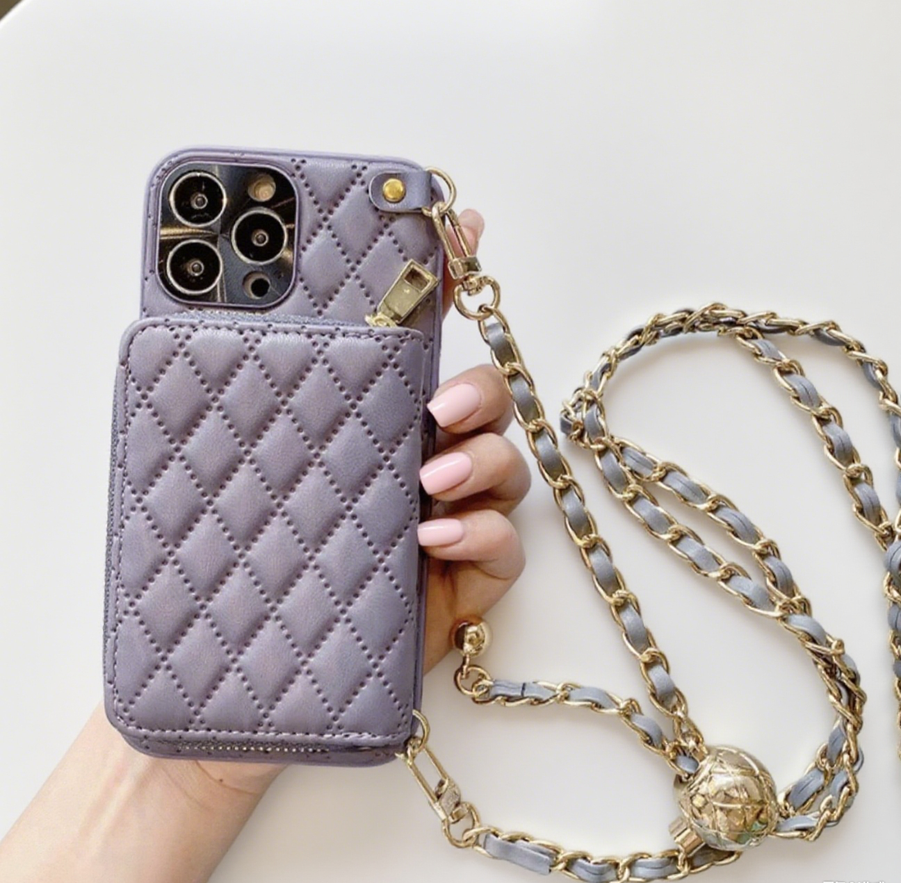 iPhone 17/16/15 Quilted Leather Phone Case Wallet, Multi-Slots Card Holder, Lipstick Holder