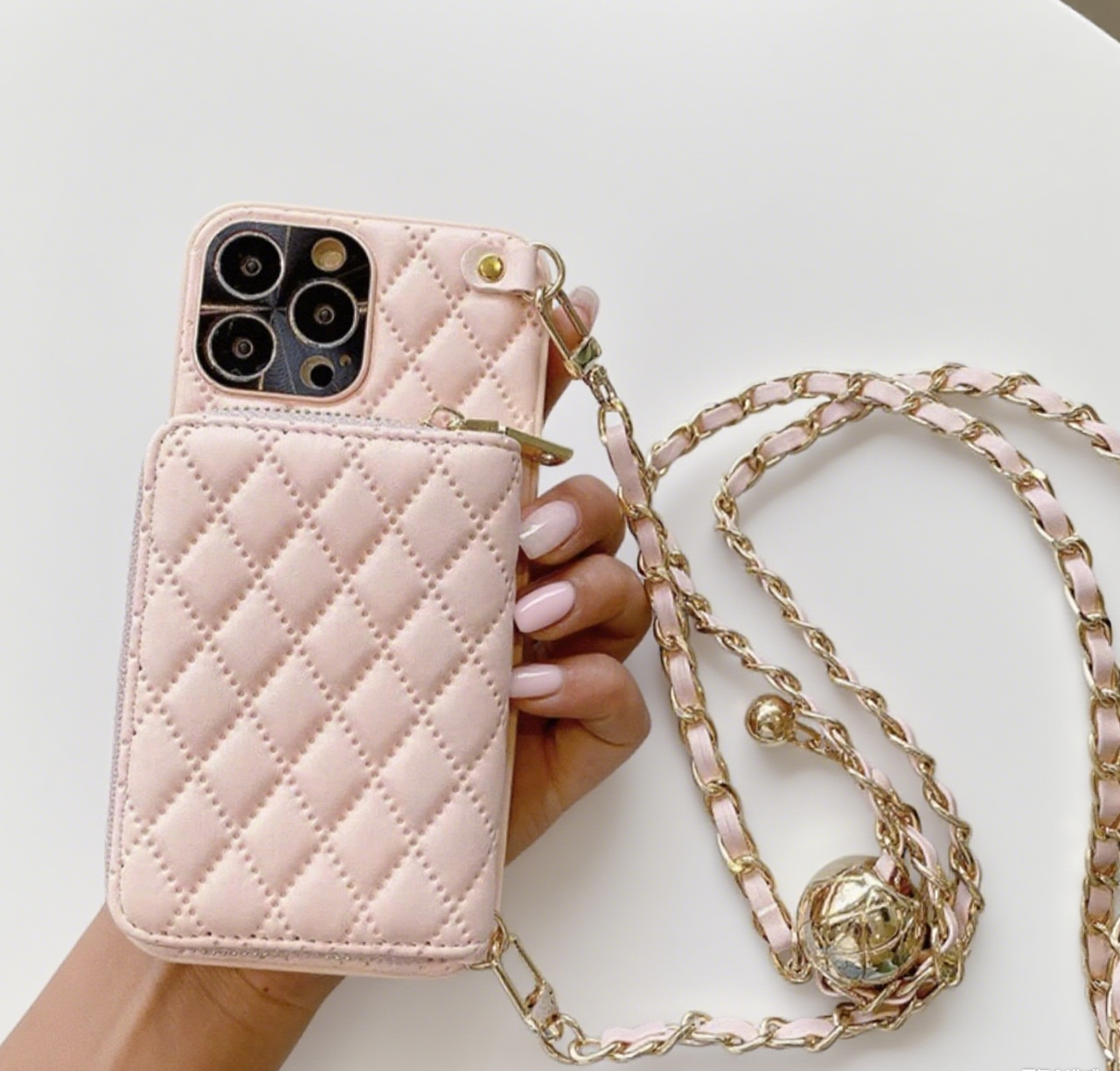 iPhone 17/16/15 Quilted Leather Phone Case Wallet, Multi-Slots Card Holder, Lipstick Holder