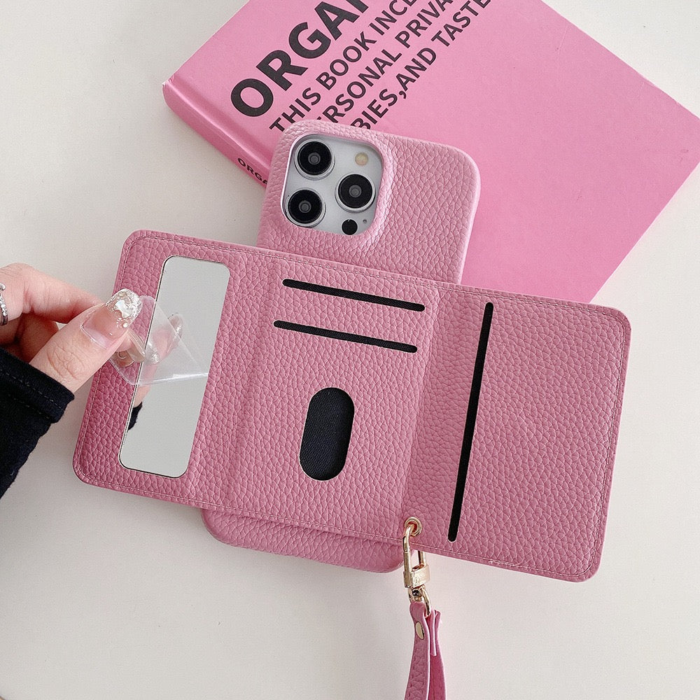 Luxury Leather iPhone Case Wallet for iPhone 17/16/15/14/13 Pro Max With Credit Cards Pouch, Compact Mirror & Lanyard, Fall Winter Accessory