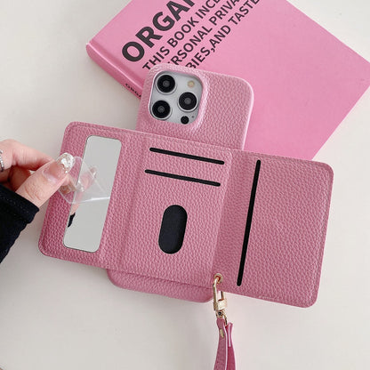 Luxury Leather iPhone Case Wallet for iPhone 17/16/15/14/13 Pro Max With Credit Cards Pouch, Compact Mirror & Lanyard, Fall Winter Accessory