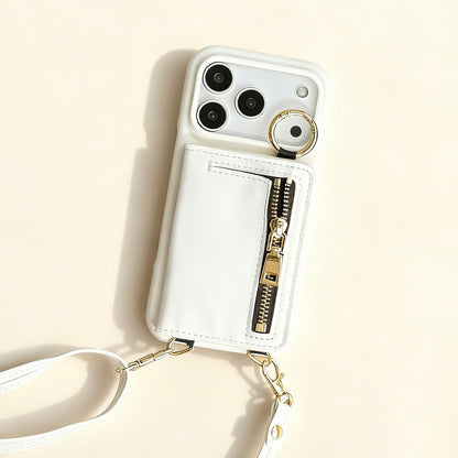 iPhone 17/16/15/14/13 Case Wallet, Luxury Leather Phone Purse With Card Slots, Lanyard Detachable Case