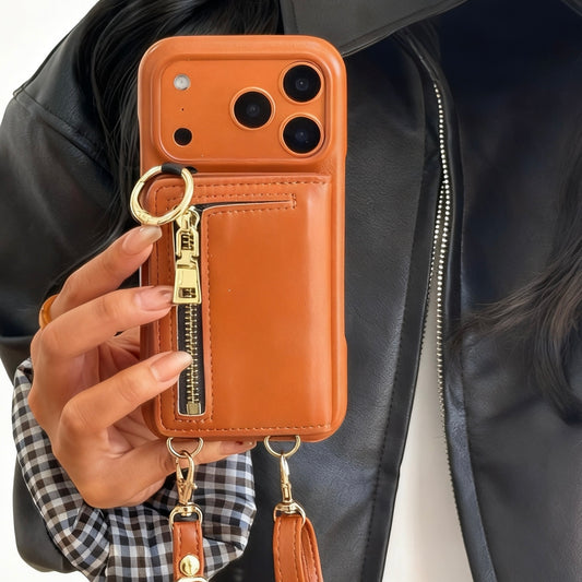 iPhone 17/16/15/14/13 Case Wallet, Luxury Leather Phone Purse With Card Slots, Lanyard Detachable Case