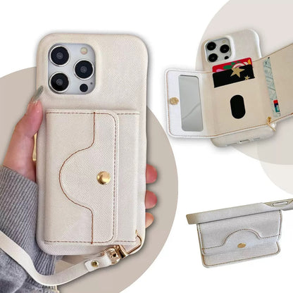 Luxury Canvas iPhone 17 16 15 Wallet Case With Card Pouch, Mirror & Lanyard