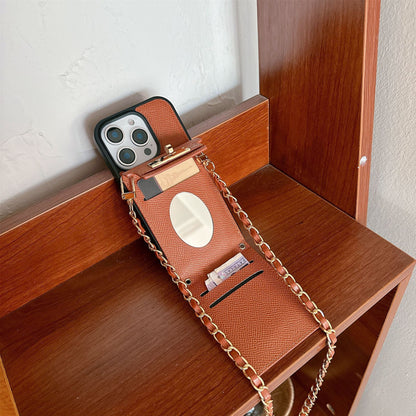 iPhone 17/16/15 Kelly Bag Inspired Leather Phone Case Wallet with Mirror and Lanyard, Multi-Slots Card Holder Pouch, Card Slots