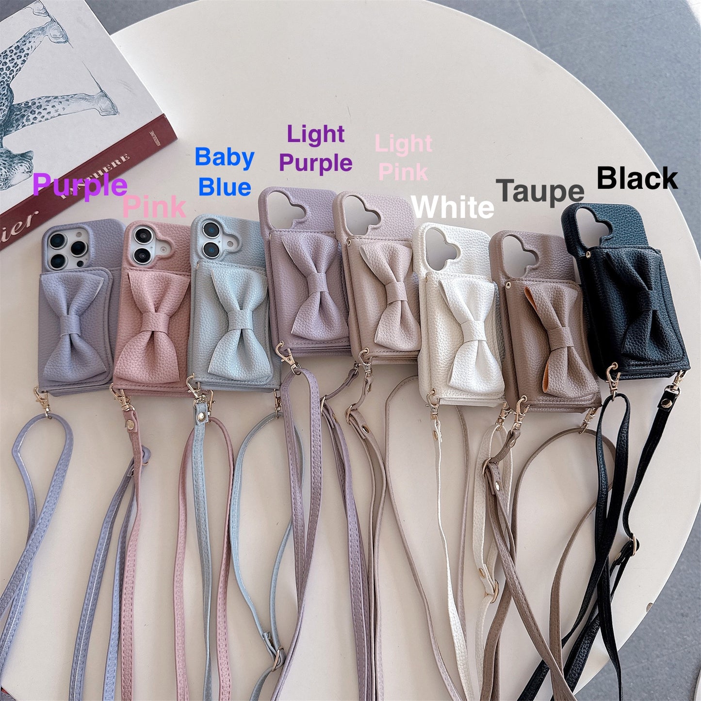 Luxury Leather iPhone 17/16/15/14/13 Wallet Case Card Pouch,mirror,multiple Card Slots for Cash and Credit Cards, Lanyard Bow