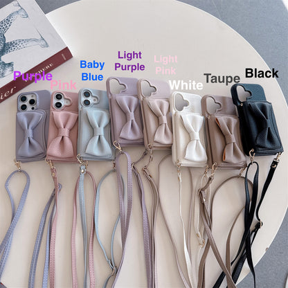 Luxury Leather iPhone 17/16/15/14/13 Wallet Case Card Pouch,mirror,multiple Card Slots for Cash and Credit Cards, Lanyard Bow