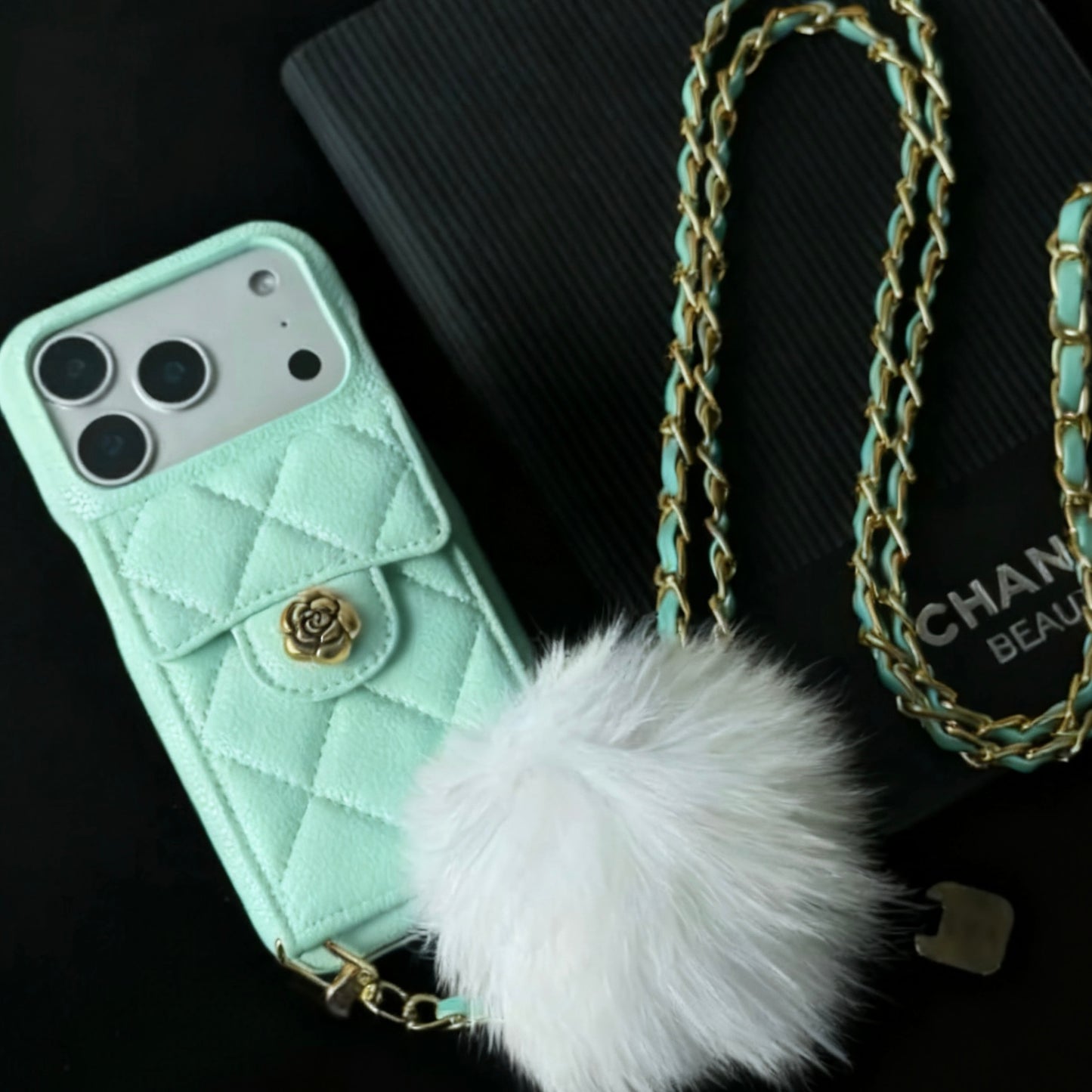 iPhone 17/16/15/14/13 Camellia Pattern Leather Case Wallet with Compact Mirror & Card Holder,Case+Detachable Lanyard