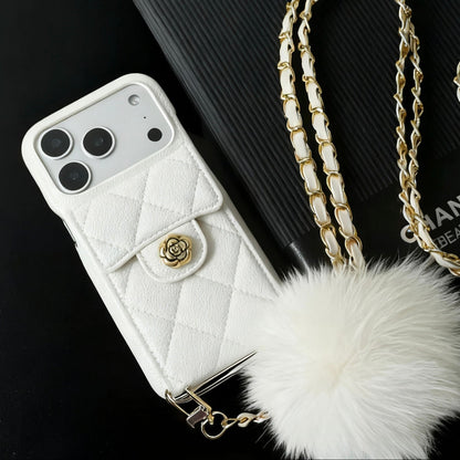 iPhone 17/16/15/14/13 Camellia Pattern Leather Case Wallet with Compact Mirror & Card Holder,Case+Detachable Lanyard