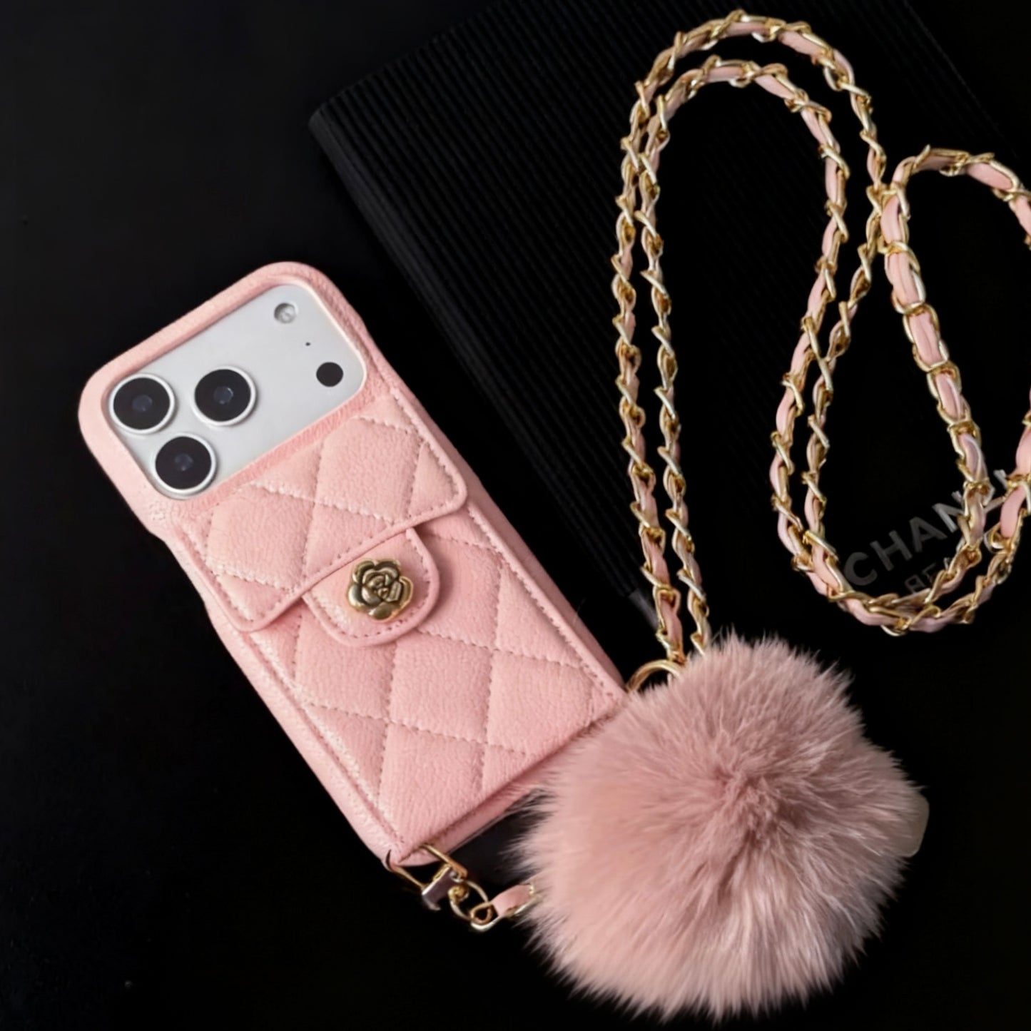 iPhone 17/16/15/14/13 Camellia Pattern Leather Case Wallet with Compact Mirror & Card Holder,Case+Detachable Lanyard