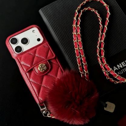 iPhone 17/16/15/14/13 Camellia Pattern Leather Case Wallet with Compact Mirror & Card Holder,Case+Detachable Lanyard