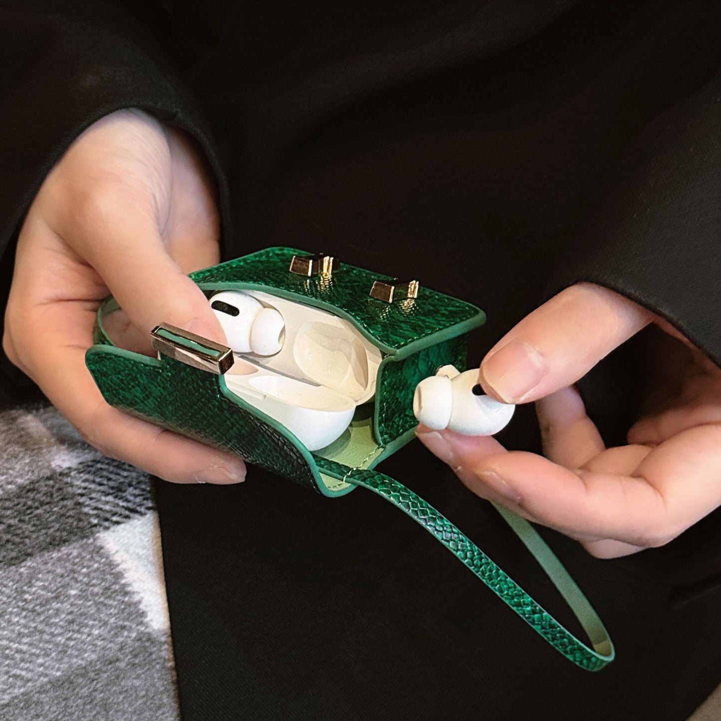 Luxury Snake Print AirPod Case with Crossbody Strap, Designer-Inspired AirPods Protective Cover Gift