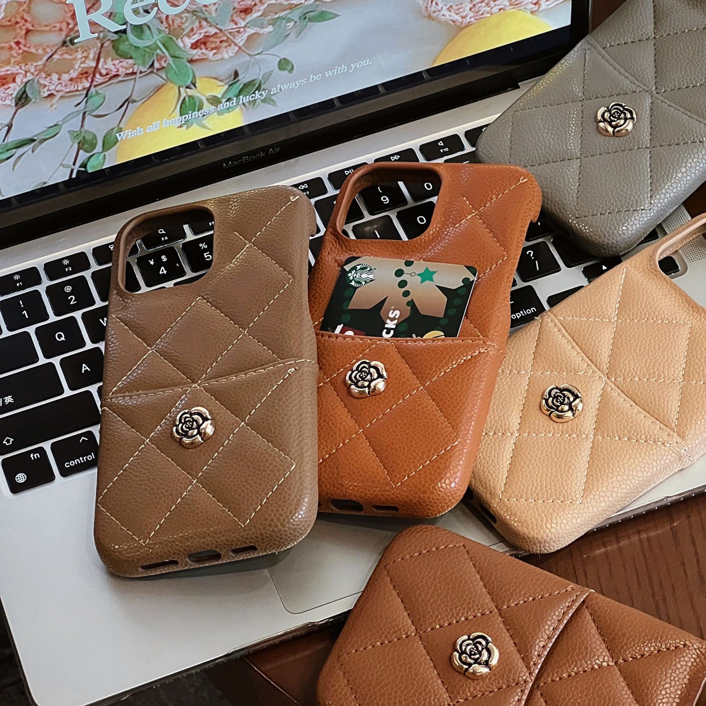 iPhone 17/16/15/14/13 Autumn Caramel Leather Case Wallet with Camellia Pattern