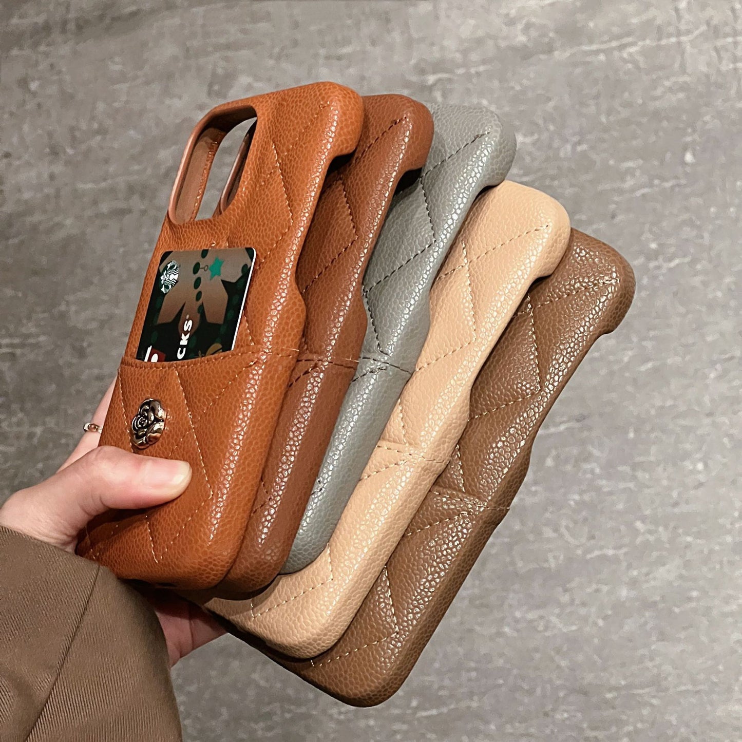 iPhone 17/16/15/14/13 Autumn Caramel Leather Case Wallet with Camellia Pattern