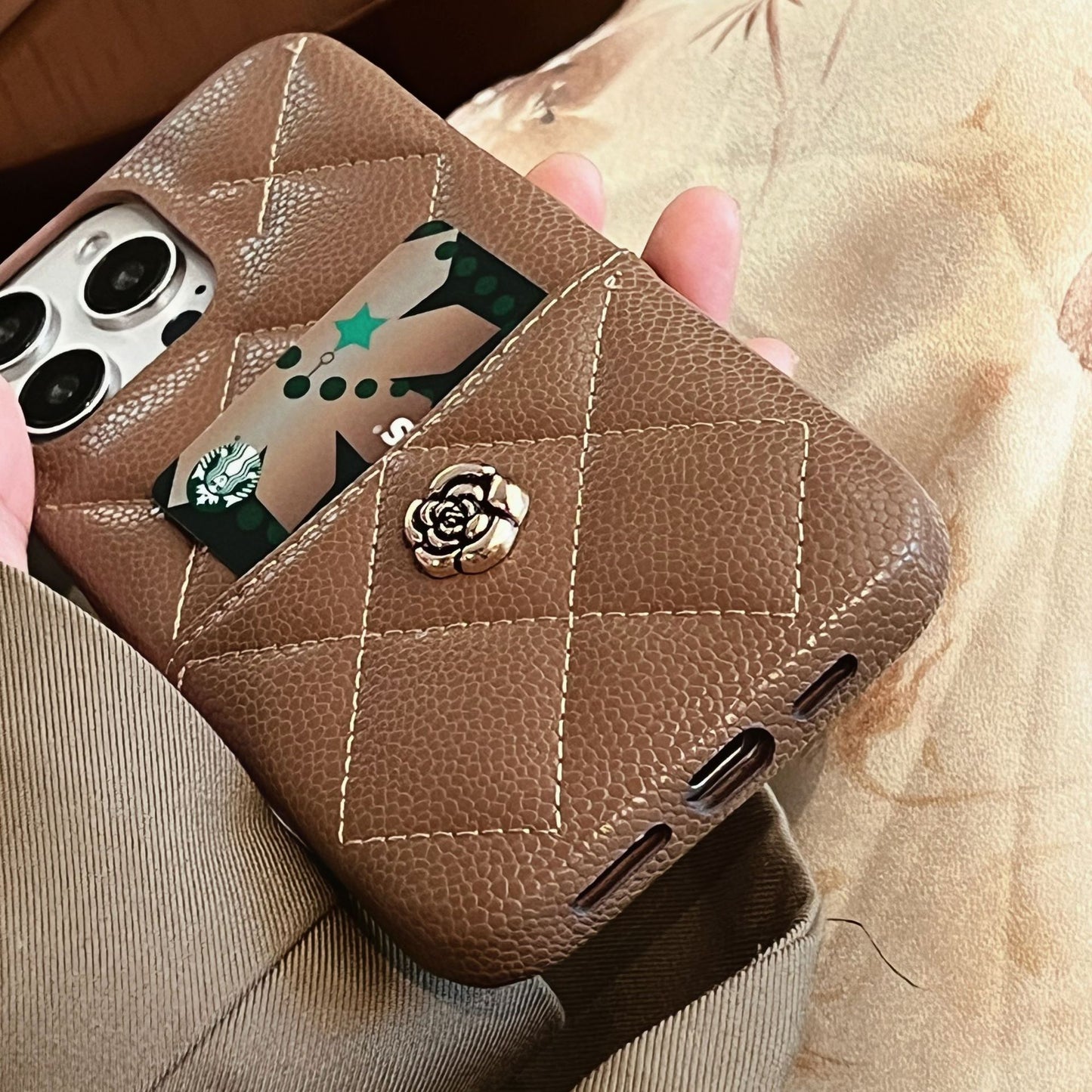 iPhone 17/16/15/14/13 Autumn Caramel Leather Case Wallet with Camellia Pattern