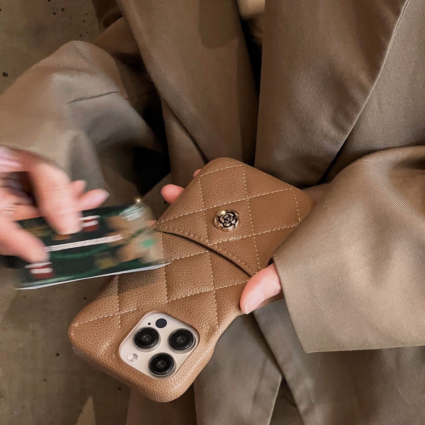 iPhone 17/16/15/14/13 Autumn Caramel Leather Case Wallet with Camellia Pattern