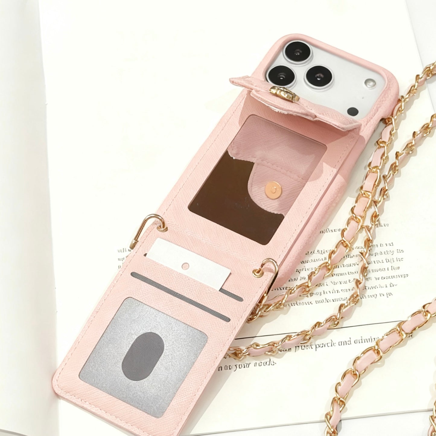 iPhone 17/16/15/14/13 Camellia Pattern Leather Case Wallet with Compact Mirror & Card Holder,Case+Detachable Lanyard