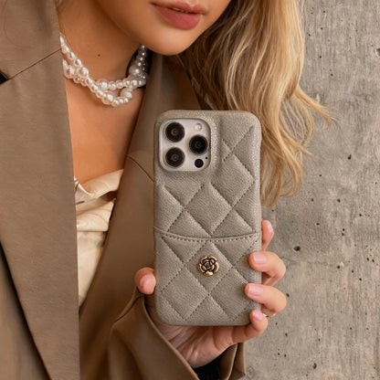 iPhone 17/16/15/14/13 Autumn Caramel Leather Case Wallet with Camellia Pattern