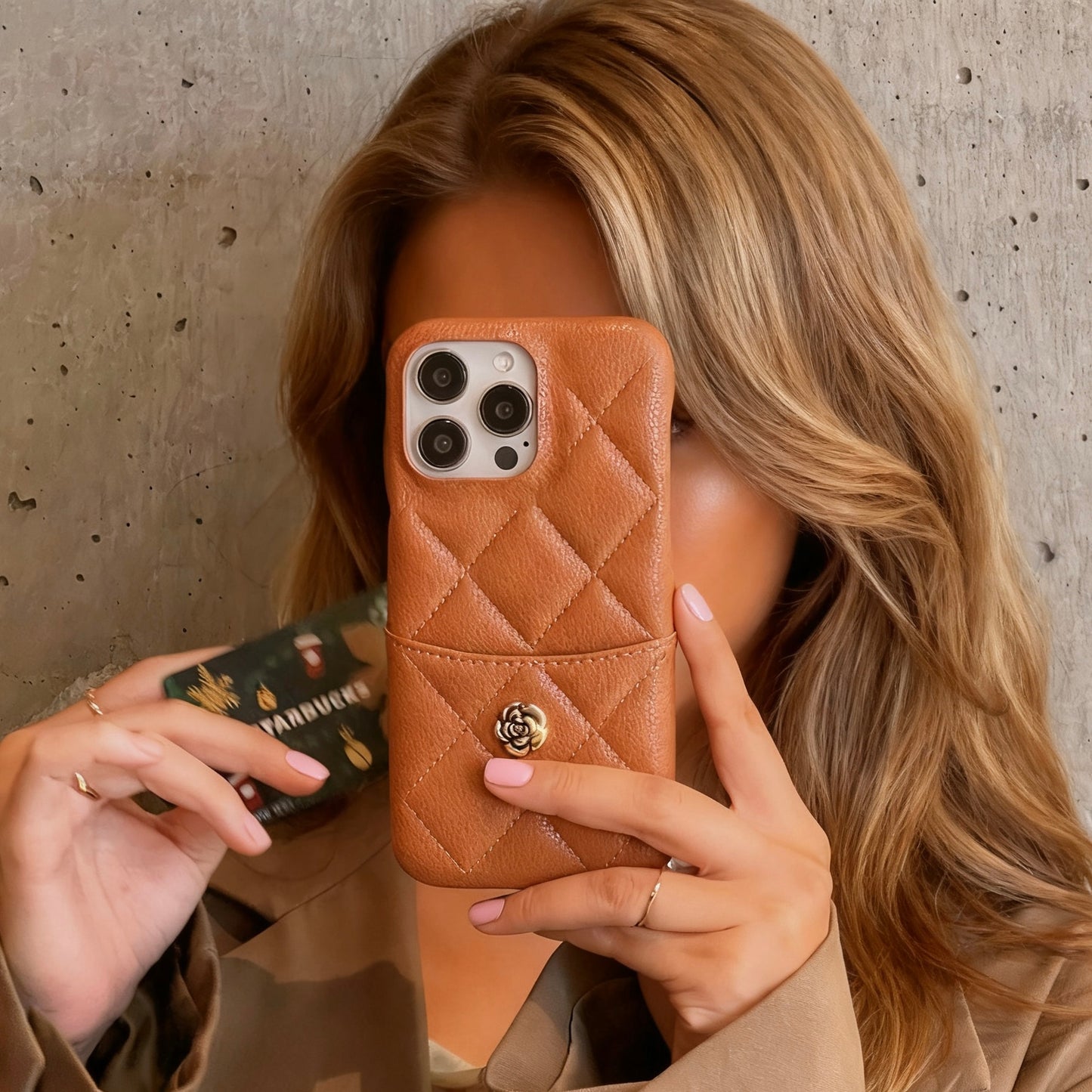 iPhone 17/16/15/14/13 Autumn Caramel Leather Case Wallet with Camellia Pattern