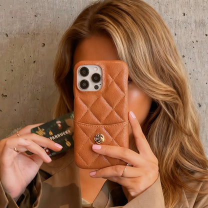 iPhone 17/16/15/14/13 Autumn Caramel Leather Case Wallet with Camellia Pattern