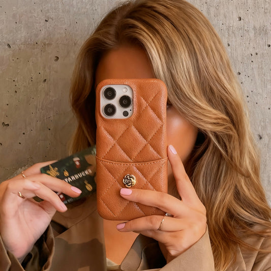 iPhone 17/16/15/14/13 Autumn Caramel Leather Case Wallet with Camellia Pattern