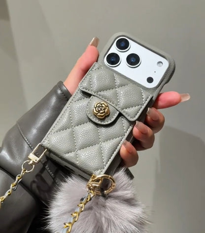 iPhone 17/16/15/14/13 Camellia Pattern Leather Case Wallet with Compact Mirror & Card Holder,Case+Detachable Lanyard