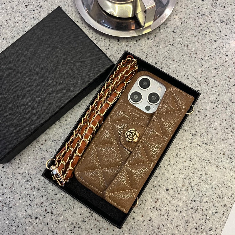 iPhone 17/16/15/14/13 Camellia Pattern Leather Case Wallet& Card Holder,Case+Detachable Lanyard