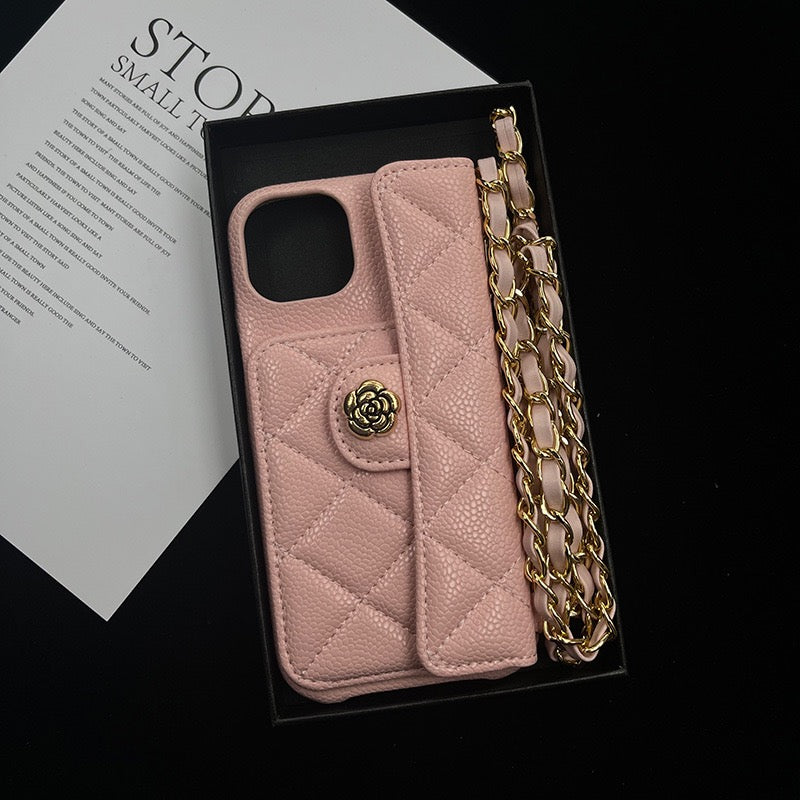 iPhone 17/16/15/14/13 Camellia Pattern Leather Case Wallet& Card Holder,Case+Detachable Lanyard