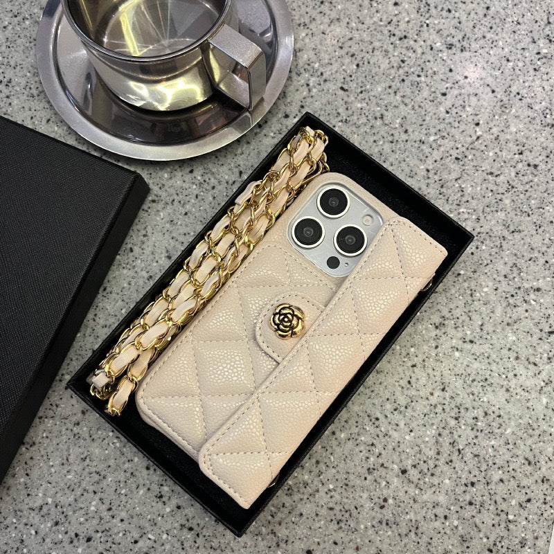 iPhone 17/16/15/14/13 Camellia Pattern Leather Case Wallet& Card Holder,Case+Detachable Lanyard