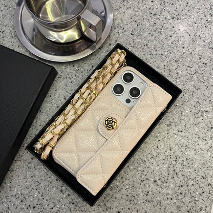 iPhone 17/16/15/14/13 Camellia Pattern Leather Case Wallet& Card Holder,Case+Detachable Lanyard