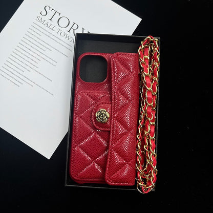 iPhone 17/16/15/14/13 Camellia Pattern Leather Case Wallet& Card Holder,Case+Detachable Lanyard