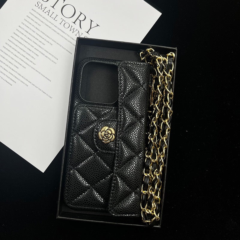 iPhone 17/16/15/14/13 Camellia Pattern Leather Case Wallet& Card Holder,Case+Detachable Lanyard