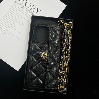 iPhone 17/16/15/14/13 Camellia Pattern Leather Case Wallet& Card Holder,Case+Detachable Lanyard