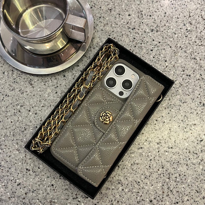 iPhone 17/16/15/14/13 Camellia Pattern Leather Case Wallet& Card Holder,Case+Detachable Lanyard