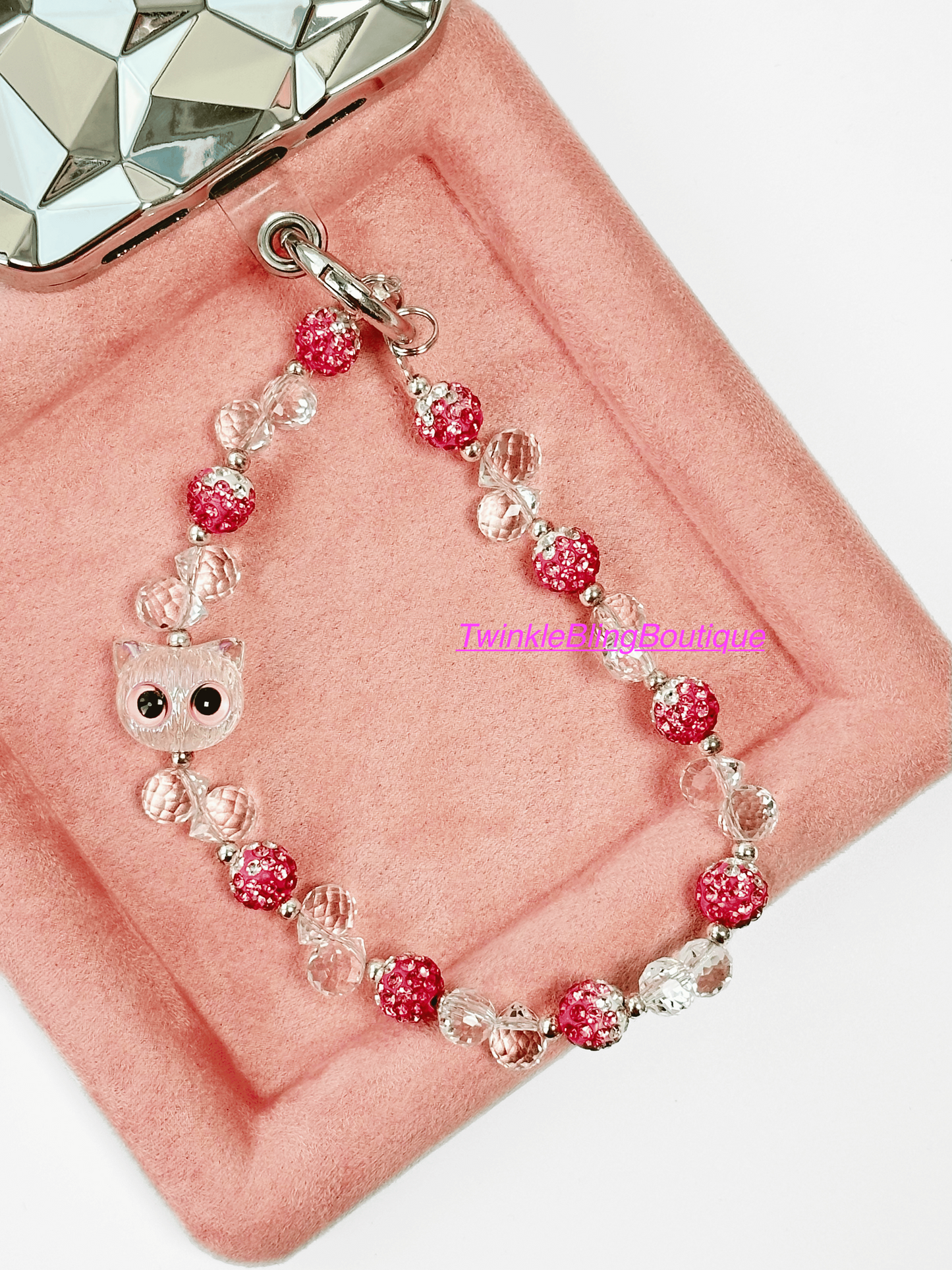 Kawaii Crystal Cat Phone Charm - Pink Beaded Phone Strap, Handmade phone Lanyard, Cute Accessory for Cat Lovers & Friends, Unique Gift Idea