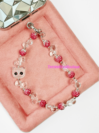 Kawaii Crystal Cat Phone Charm - Pink Beaded Phone Strap, Handmade phone Lanyard, Cute Accessory for Cat Lovers & Friends, Unique Gift Idea