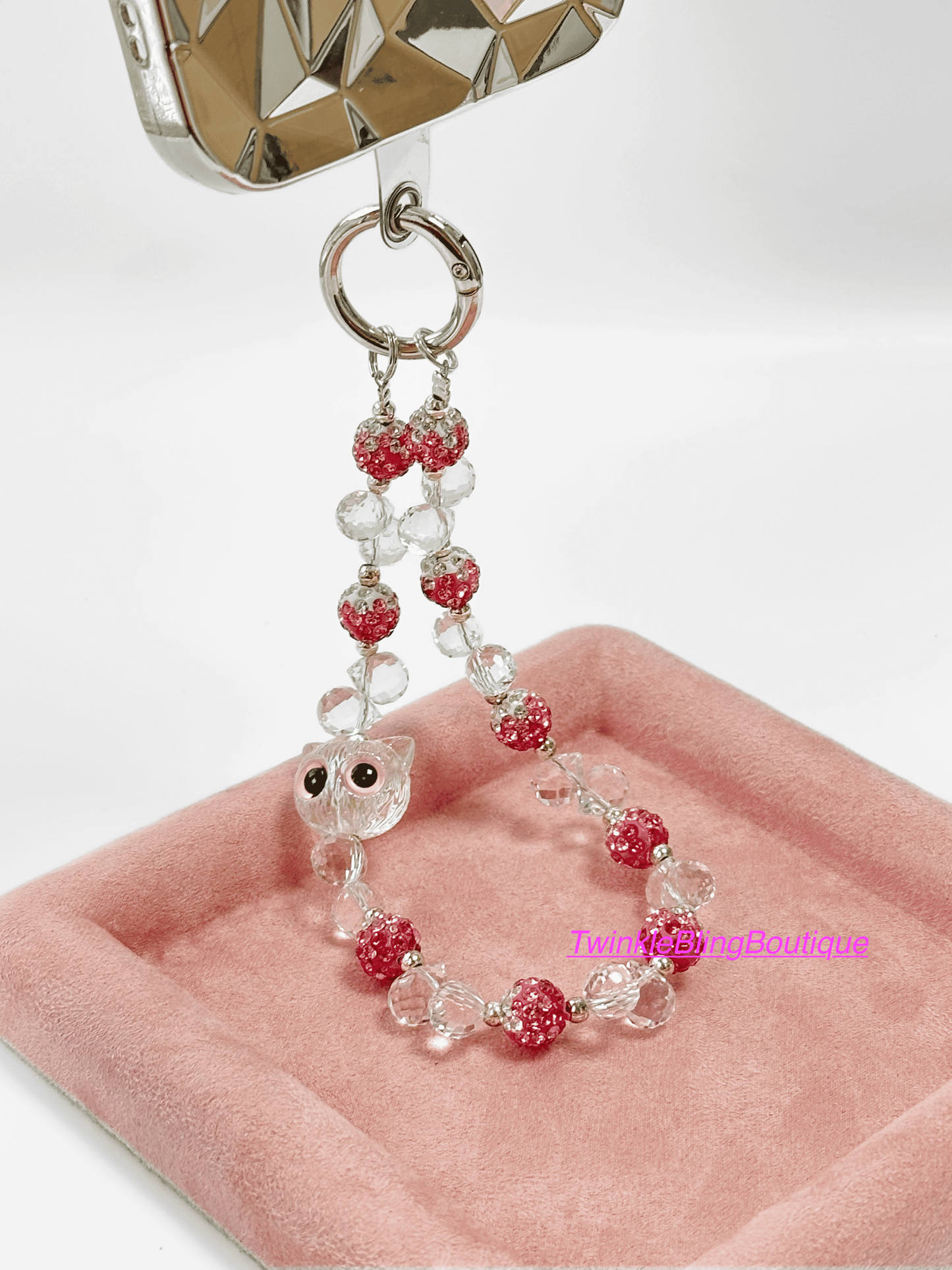 Kawaii Crystal Cat Phone Charm - Pink Beaded Phone Strap, Handmade phone Lanyard, Cute Accessory for Cat Lovers & Friends, Unique Gift Idea