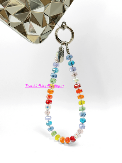 Handmade Rainbow Macaron Crystal Bead Phone Charm, Bag Charm, Vibrant Beaded Phone Strap, Wristlet Crystal, Cute Travel Gift for Friends