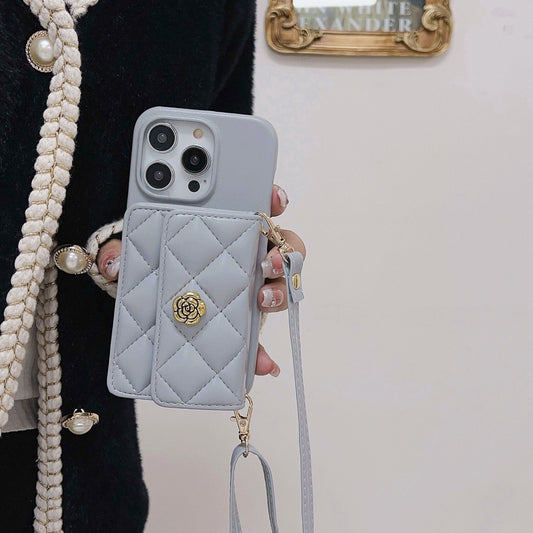 Luxury Elegant Leather iPhone 17/16/15/14/13 Wallet Case Card Pouch, Lipstick Pouch for Cash and Credit Cards, Lanyard