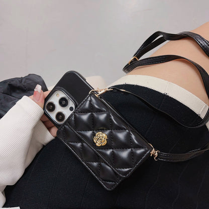 Luxury Elegant Leather iPhone 17/16/15/14/13 Wallet Case Card Pouch, Lipstick Pouch for Cash and Credit Cards, Lanyard