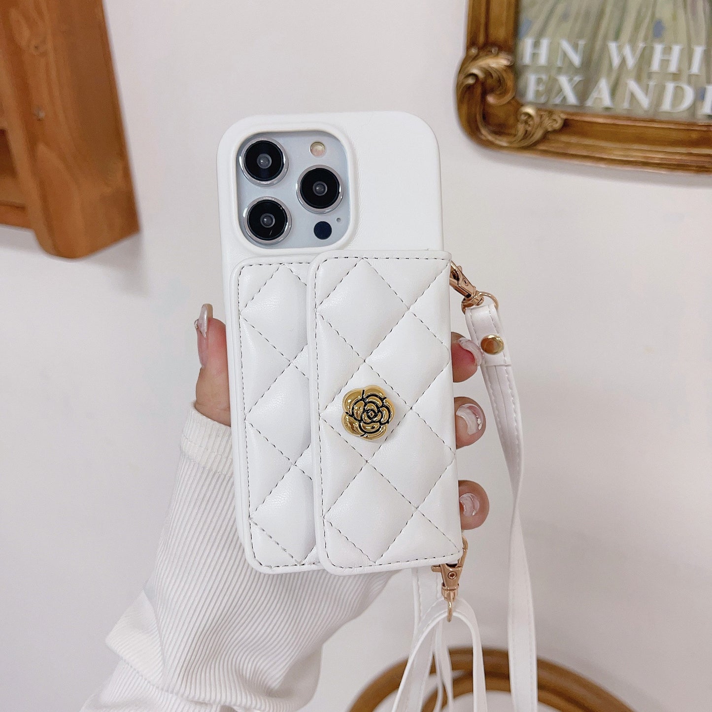 Luxury Elegant Leather iPhone 17/16/15/14/13 Wallet Case Card Pouch, Lipstick Pouch for Cash and Credit Cards, Lanyard