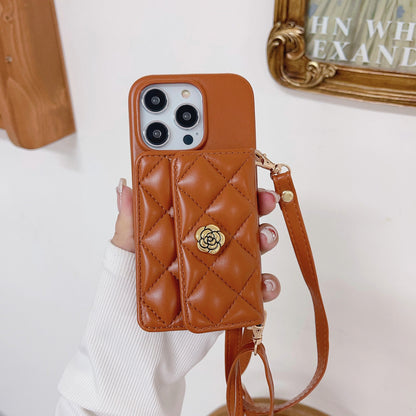 Luxury Elegant Leather iPhone 17/16/15/14/13 Wallet Case Card Pouch, Lipstick Pouch for Cash and Credit Cards, Lanyard