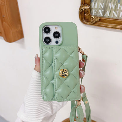 Luxury Elegant Leather iPhone 17/16/15/14/13 Wallet Case Card Pouch, Lipstick Pouch for Cash and Credit Cards, Lanyard
