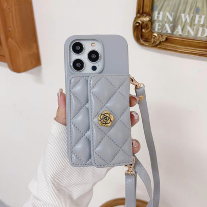 Luxury Elegant Leather iPhone 17/16/15/14/13 Wallet Case Card Pouch, Lipstick Pouch for Cash and Credit Cards, Lanyard