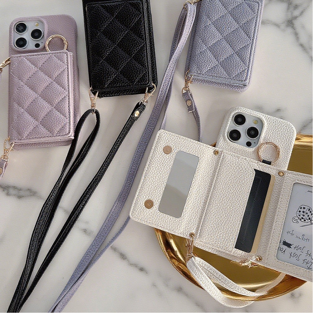 iPhone 17/16/15 Pro Max Leather Phone Case Tri-fold Wallet with Mirror and Lanyard, Multi-Slots Card Holder Pouch, Card Slots