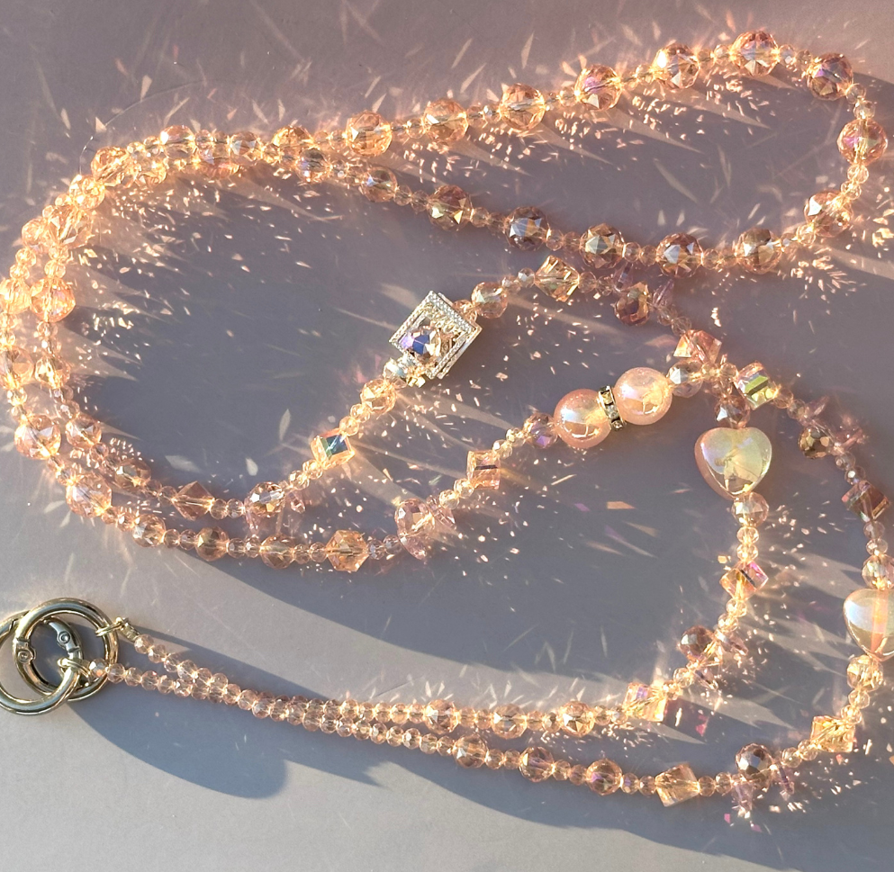 Handmade Iridescent Crystal Beaded Lanyard | Heart Charm Statement Jewelry